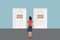 Choice way concept. Woman stading in front of two closed doors.