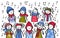 Choir, carol singers, children singing, stick figures in winter clothing sing a song