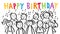 Choir, men and women singing HAPPY BIRTHDAY, black and white stick figures with colorful letters