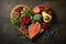 Cholesterol-conscious cuisine, healthy food on vintage boards heart concept