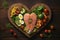 Cholesterol-conscious cuisine, healthy food on vintage boards heart concept