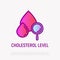 Cholesterol level thin line icon: blood drop with magnifier. Modern vector illustration of blood test