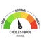 Cholesterol meter, color scale with arrow. Low, normal and high cholesterol level measuring device. Medicine and health