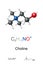 Choline, ball-and-stick model, molecular and chemical formula