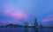 CHONBURI, THAILAND - 24 MARCH : Twilight sky over Siracha cityscape on 24 March 2022 in Siracha, Chonburi, Thailand