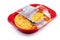 CHONBURI, THAILAND-MAY 15, 2020 : Shrimp omelette with rice in plastic box food package and chilli sauce in sachet. Microwave food