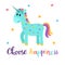 Choose happiness. Cute magical unicorn with little stars. Funny postcard or greeting card