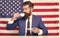 Choose liberty. politician drink coffee. Bearded businessman patriotic for usa. happy national holiday. USA celebrate
