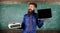 Choose right teaching method. Modern instead outdated. Teacher bearded hipster holds typewriter and laptop. Teacher