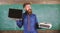 Choose right teaching method. Modern instead outdated. Teacher bearded hipster holds typewriter and laptop. Teacher