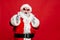 Choose winter season sales. Close up photo of cool stylish trendy santa indicate discount shopping bargain wear