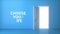 Choose your life. Open white door on blue background. Light shines from door opening. Flight forward, entering inside the doorway