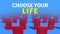 Choose your life. Rows of red wooden closed doors on a blue background. Choice, business and success concept. Welcome, new