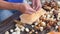 Chop fresh wild mushrooms. Close up shot of hands with a knife cutting mushrooms. Man hand carefully cut wild mushrooms on desk