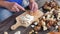 Chop fresh wild mushrooms. Close up shot of hands with a knife cutting mushrooms. Man hand carefully cut wild mushrooms on desk