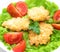 Chopped chicken meatballs on lettuce leaves. Baked chicken fillet cutlets. Dietary dish. Concept of shooting food for the menu.