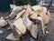Chopped or cut firewood tree trunk or logs on bricks