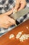 Chopped food mushrooms on wooden table