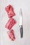 Chopped raw pork fillet with meat knife
