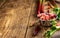 Chopped Rhubarb on an old wooden table close up shot