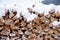 Chopped stock of firewood under snow outdoor