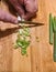 Chopping Green Onions with a Knife on a Wooden Butcher Block