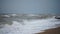 Choppy waves crash onto sandy shore during tempest. Seabirds navigate gusty winds above turbulent sea, near coastal