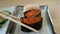 Chopsticks eating salmon roe sushi ikura maki Japanese food