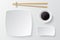 Chopsticks and empty sushi plate. Asian restaurant dishes vector mockup