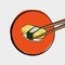 Chopsticks holding sashimi with omelette. vector illustration