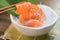 Chopsticks with Salmon sashimi with Salmon sashimi on ice in with bowl. japanese food in Asian restuarant