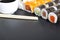 Chopsticks, sushi and soy sauce