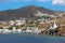 Chora - church Agia Irini on the right side and Chora town on the Ios island in the Aegean Sea (Greece).