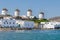 Chora waterfront and windmills on Mykonos