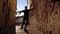 Choreographer dances ballet between vintage building walls