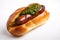 Choripan, grilled chorizo sausage served in a bread roll with green chimichurri sauce, generative AI