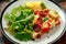 Chorizo Frittata with salad on black and white plate. healthy morning breakfast food