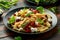 Chorizo, Penne pasta with creamy ricotta cheese and greens