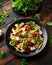 Chorizo, Penne pasta with creamy ricotta cheese and greens