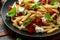 Chorizo, Penne pasta with creamy ricotta cheese and greens