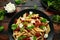 Chorizo, Penne pasta with creamy ricotta cheese and greens