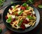 Chorizo, Penne pasta with creamy ricotta cheese and greens