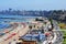 chorrillos peru-aerial view of the beach-agua dulce pier plaza with in pacific ocean with umbrellas