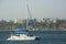 Chorrillos , view of the Pacific Ocean beach with luxury yachts and apartments on the coast in the background