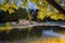 Chorzow, Poland - July 03, 2023:.Japanese garden in the Silesian park in the evening. Illuminated lighting of the water cascade