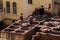 Chouara Tannery in Morocco, with round stone vessels for dyeing and softening leather in Fez el Bali