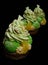 Choux pastry desserts with oranges, pistachio ganache and white chocolate decorations