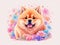 Chow Chow with colorful flower painted with watercolors on a white background.generative AI