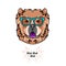 Chow chow dog wearing in smart glasses. Dog geek. Vector illustration.
