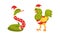 Chrismas Animals Set, Snake and Rooster Chinese Horoscope Animals in Bright Red Caps and Scarves Cartoon Vector